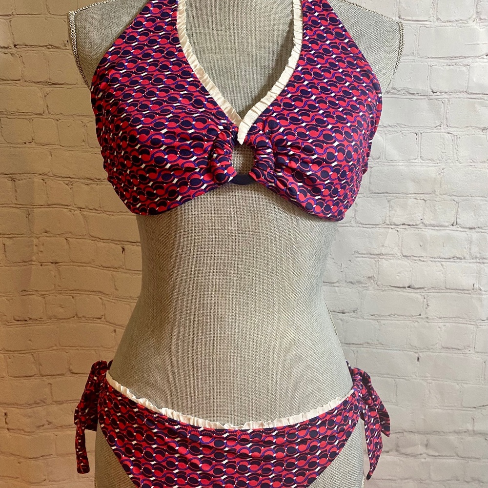 New GOLDENPOINT Italy Red White Blue Ruffle Mod Bikini Size Med/Large